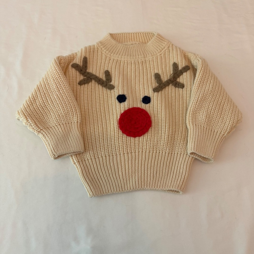 June + Grey Kids Reindeer Knit Sweater Cream Red Nose Holiday 3-6M